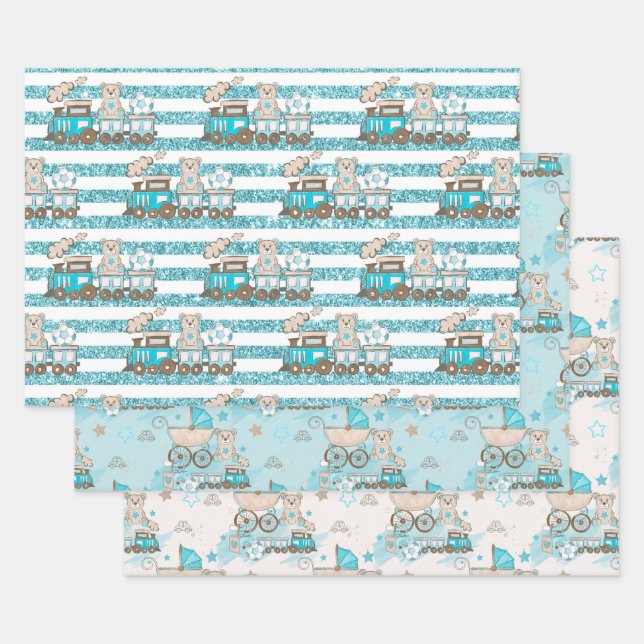 BABY BOY BLUE TRAINS BLOCKS CARS STARS WRAPPING PAPER SHEET (Set)