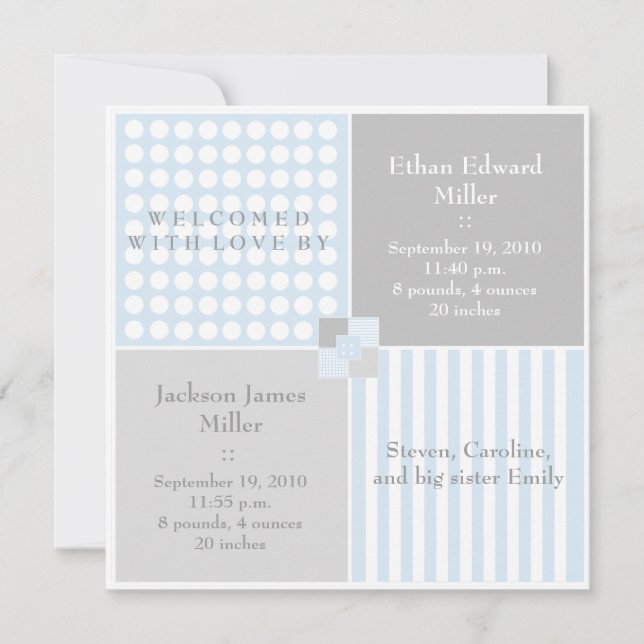 Baby Boy Blue Twin Modern Photo Announcement (Front)