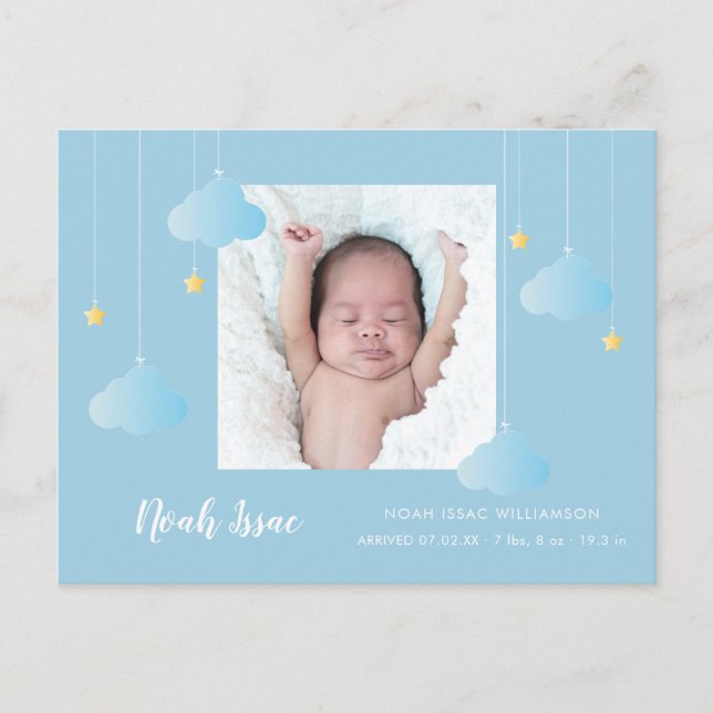 Baby Boy Blue Twinkle Twinkle Photo Cute Birth Announcement Postcard (Front)