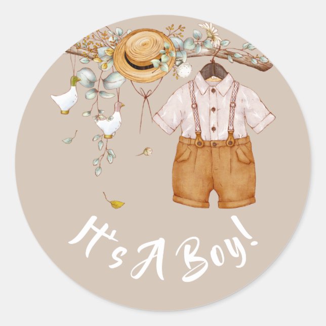 Baby Boy Boho Rustic Country Greenery  Classic Round Sticker (Front)