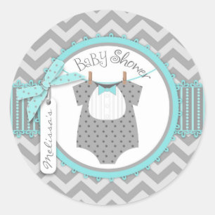 Baby Boy Bow Tie Chevron Print Baby Shower Classic Round Sticker