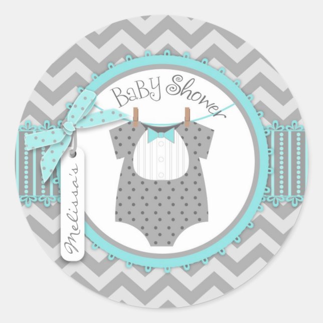 Baby Boy Bow Tie Chevron Print Baby Shower Classic Round Sticker (Front)