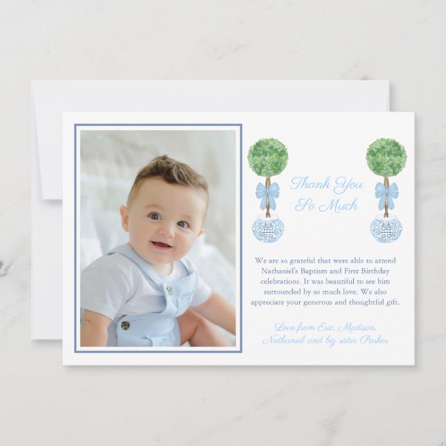 Baby Boy Boxwood Topiary Baptism Birthday Photo Thank You Card (Front)