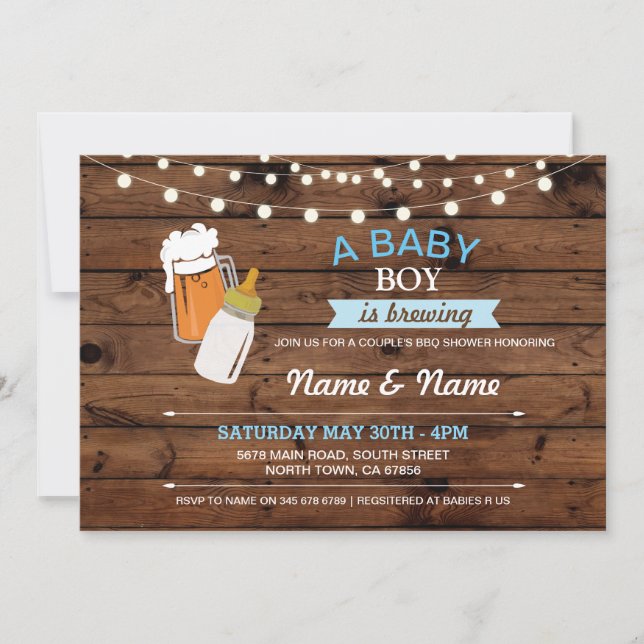Baby Boy Brewing Shower Beers Blue Wood Invite (Front)