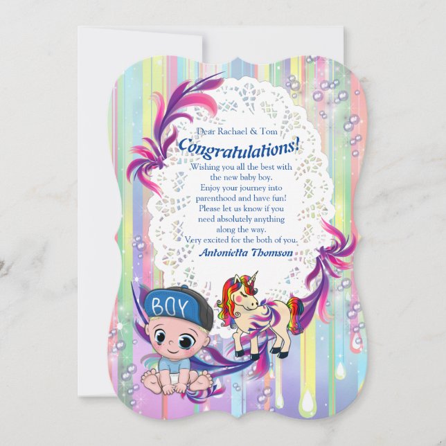Baby Boy Bubbles & Unicorns Congrats card (Front)