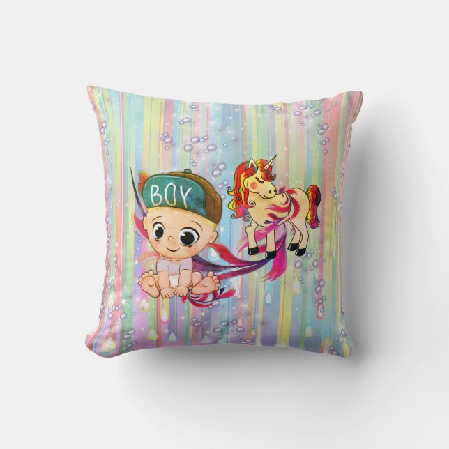 Baby Boy Bubbles & unicorns Cushion (Front)