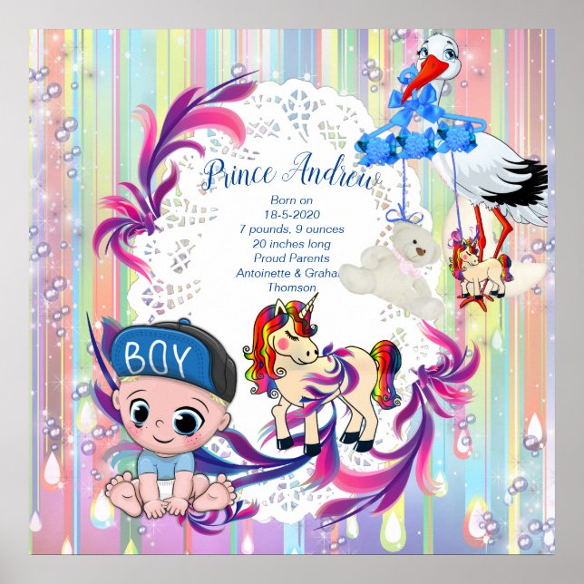 Baby Boy Bubbles & Unicorns Poster (Front)