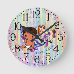 Baby Boy Bubbles & unicorns Round Clock