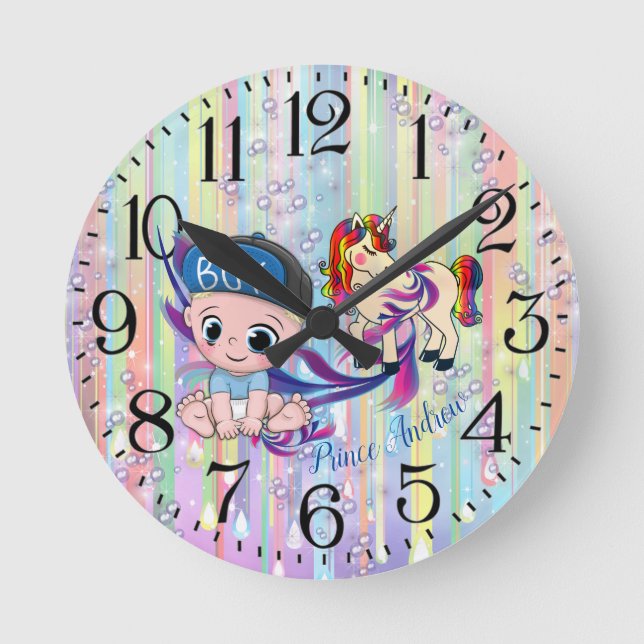 Baby Boy Bubbles & unicorns Round Clock (Front)