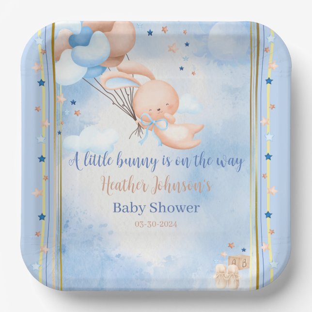 Baby Boy Bunny Baby Shower Paper Plate (Front)