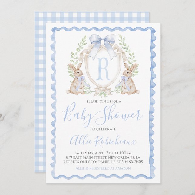 Baby Boy Bunny Rabbit Shower Preppy Blue Gingham Invitation (Front/Back)