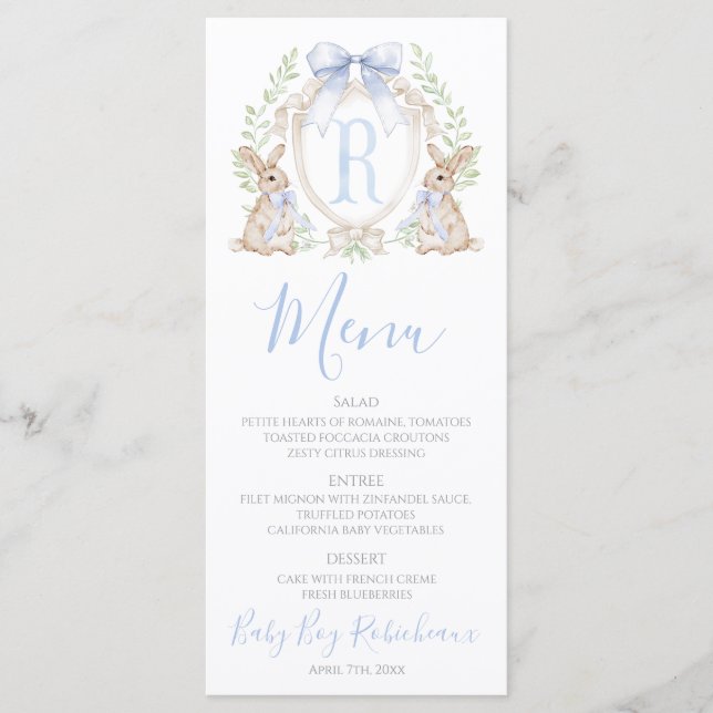 Baby Boy Bunny Rabbit Shower Preppy Blue Gingham  Menu (Front)