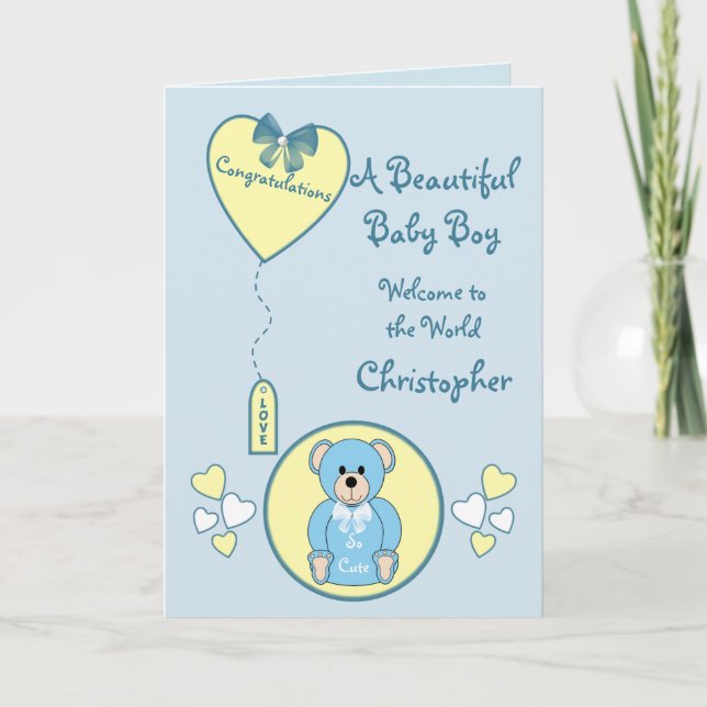 Baby Boy Card teddy bear blue and yellow (Front)