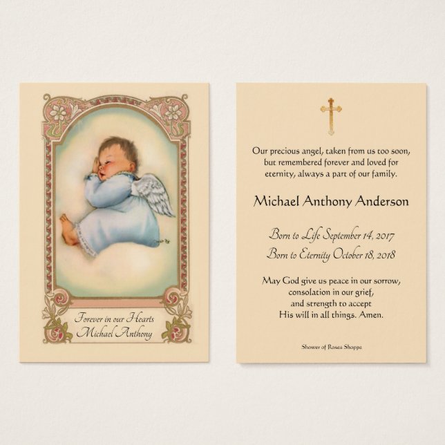 Baby Boy Catholic Funeral Memorial Holy Card - (Front & Back)