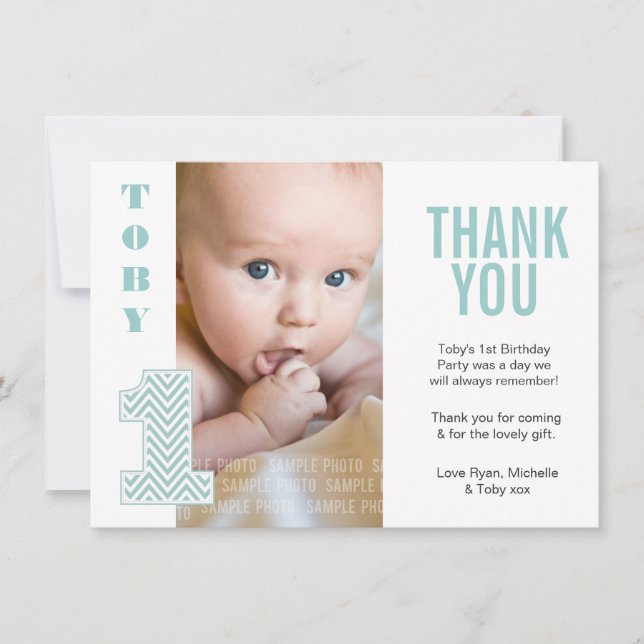 Baby Boy Chevron 1st Birthday Thank You Photo Card (Front)