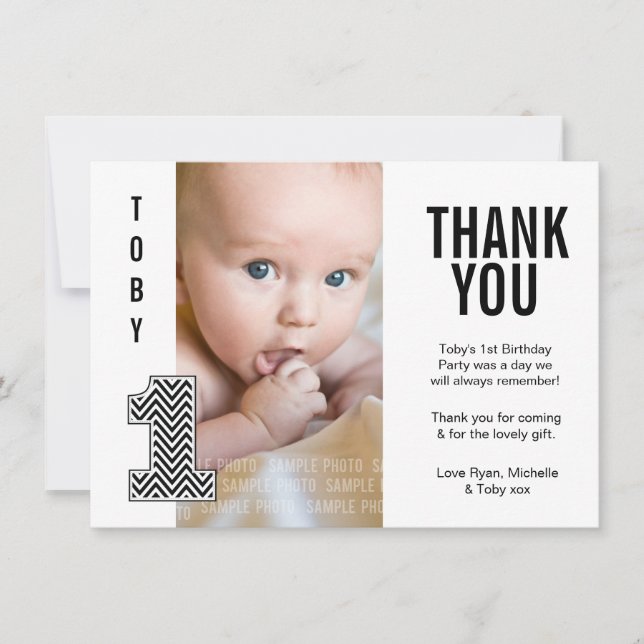 Baby Boy Chevron 1st Birthday Thank You Photo Card (Front)