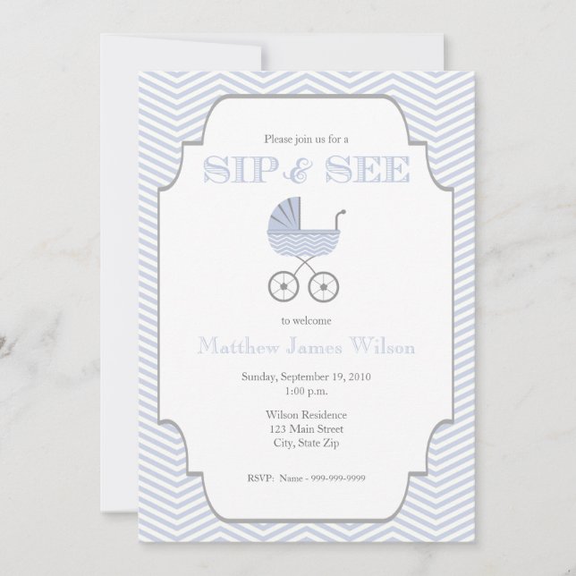 Baby Boy Chevron Sip and See Invitation (Front)