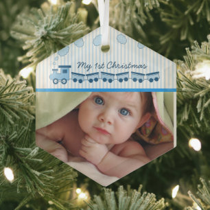 Baby Boy Choo Choo Train Photo Birth Stat Keepsake Glass Tree Decoration