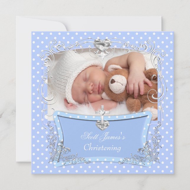 Baby Boy Christening Baptism Blue Polka Dot 2 Announcement (Front)