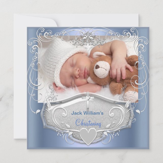 Baby Boy Christening Baptism Blue Silver Cross Invitation (Front)