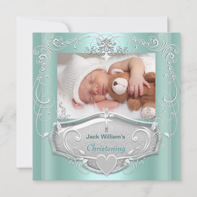 Baby Boy Christening Baptism Mint Silver Cross Announcement (Front)