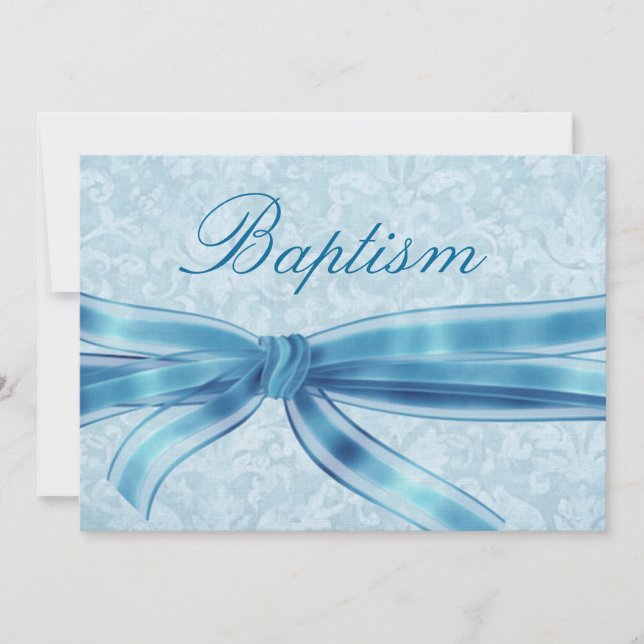 Baby Boy Christening Blue Damask Linen Paper Invitation (Front)