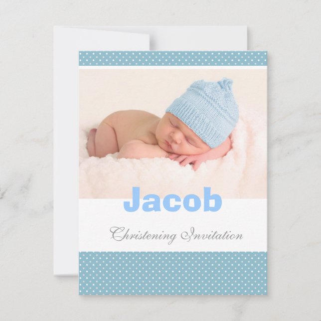 Baby boy christening invitation, blue, white polka invitation (Front)