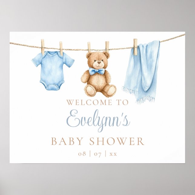 Baby Boy Clothesline Baby Shower Welcome Sign (Front)