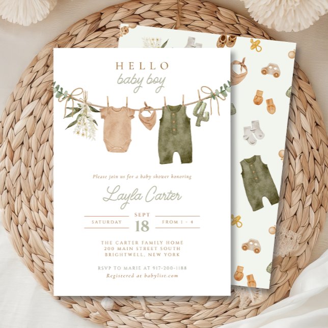 Baby Boy Clothesline Neutral Sage Boho Baby Shower Invitation (Creator Uploaded)
