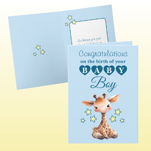 Baby boy congratulations giraffe blue card