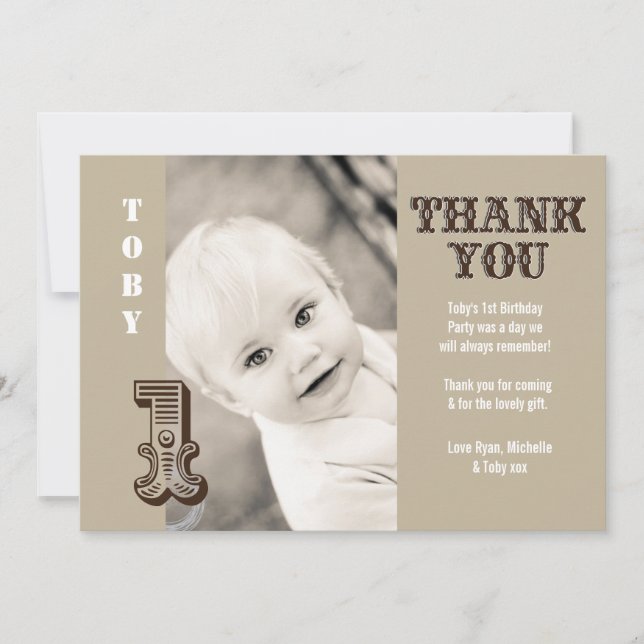 Baby Boy Cowboy 1st Birthday Thank You Photo Card (Front)