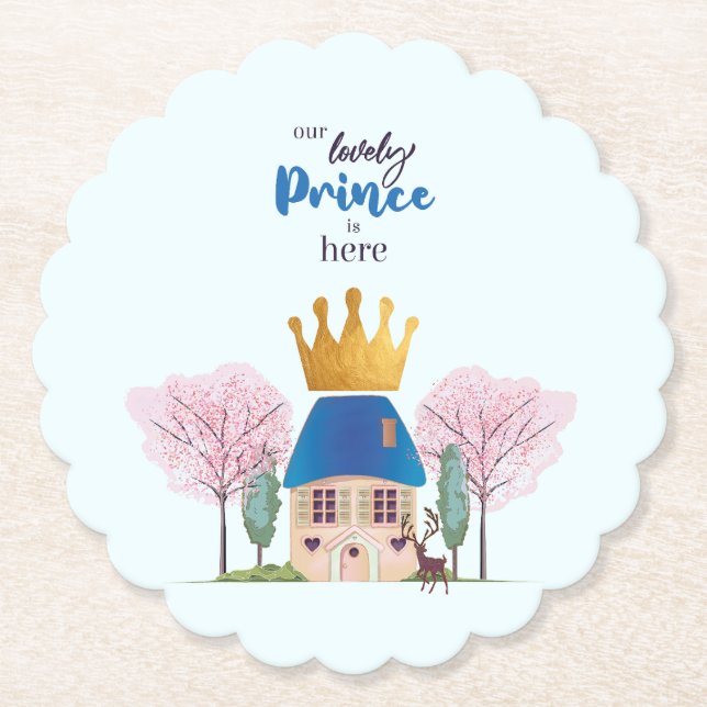 Baby Boy Crowned Blue Gold Fairy Prince Castle Paper Coaster (Front)