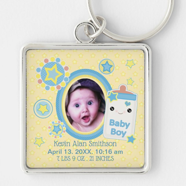 Baby Boy Custom Birth Announcement Keychain (Front)