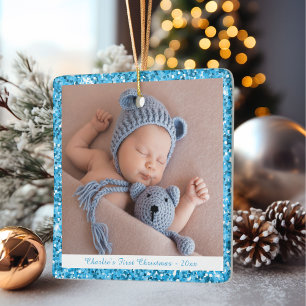 Baby Boy Custom My First Christmas Blue Glitter Ceramic Ornament