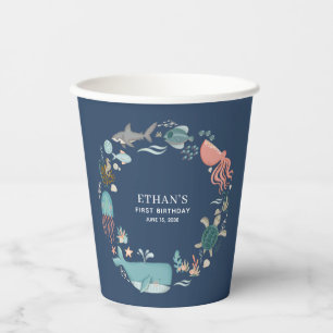 Baby Boy Cute 1st Blue Watercolor Under the Sea Paper Cups