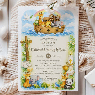 Baby Boy Cute Animals Noah's Ark Baptism Invitation