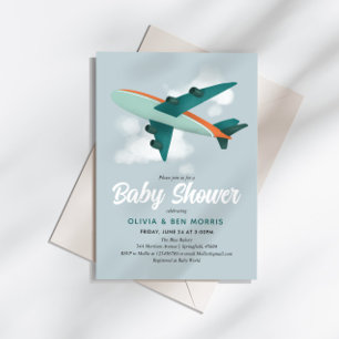 Baby Boy Cute Blue Aeroplane Travel Baby Shower Invitation