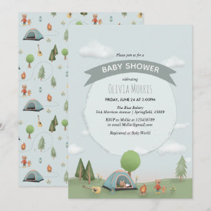 Baby Boy Cute Blue Camping Forest Bear Baby Shower Invitation