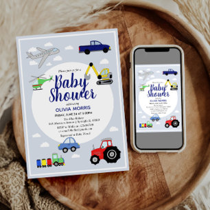 Baby Boy Cute Blue Car Train Transport Baby Shower Invitation