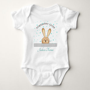 Baby Boy Cute Bunny Love Teal/Grey Personalised Bodysuit