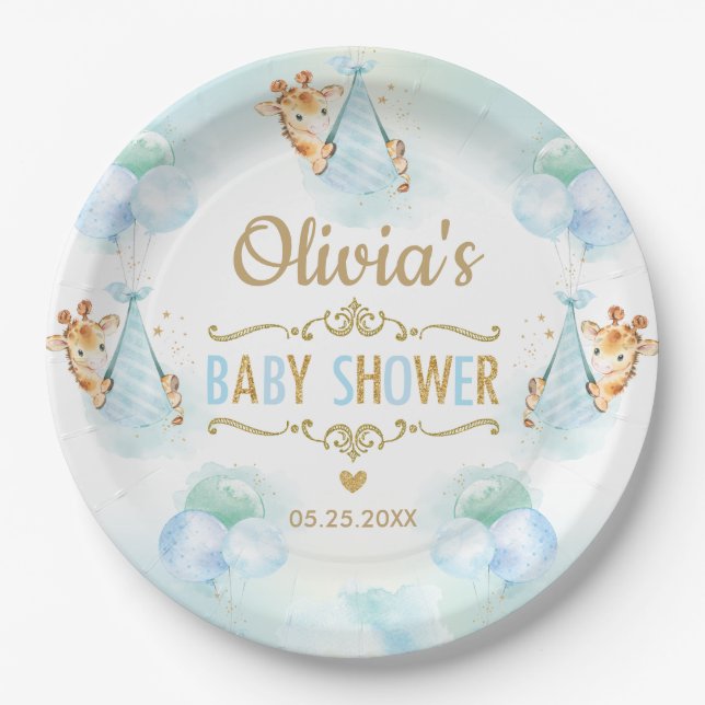 Baby Boy Cute Giraffe Balloons Baby Shower Paper Plate (Front)