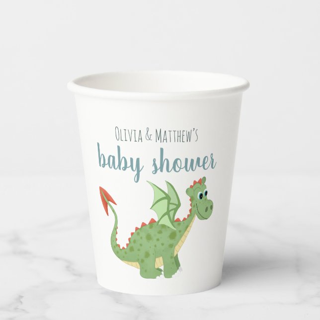 Baby Boy Cute Magical Green Dragon Baby Shower Paper Cups (Front)