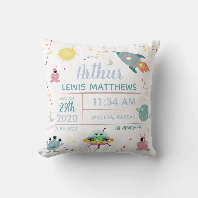 Baby Boy Cute Modern Space Alien Birth Stats  Cushion (Front)