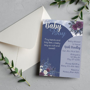 Baby Boy, Deep Blues/Purples Floral Baby Shower Invitation