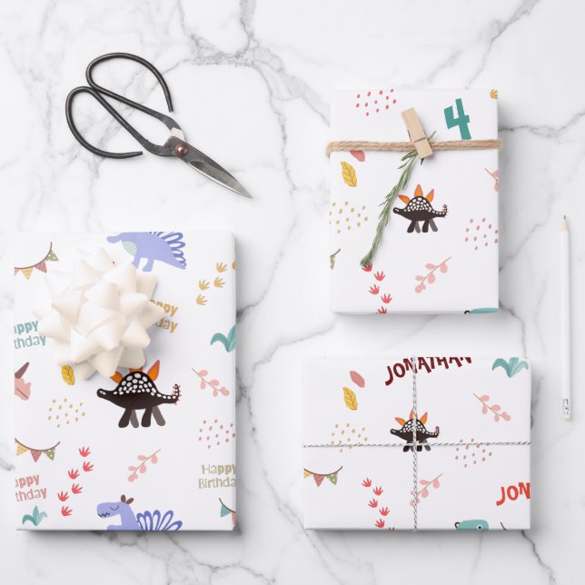 Baby Boy Dinosaur Personalised Name & Age birthday Wrapping Paper Sheet (Front)