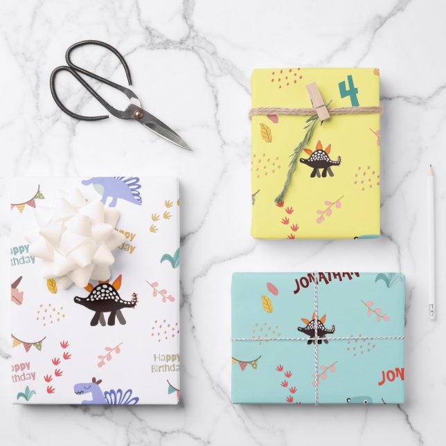 Baby Boy Dinosaur Personalised Name & Age birthday Wrapping Paper Sheet (Front)