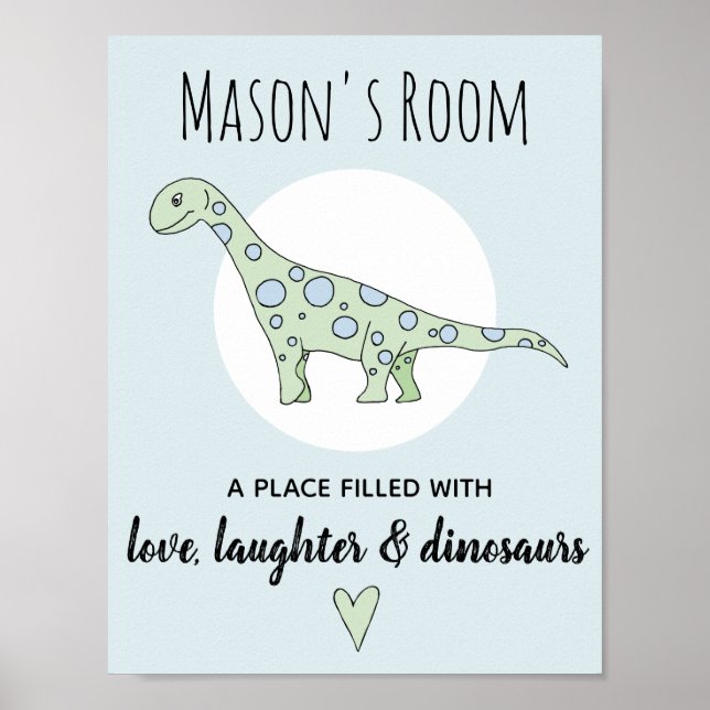 Baby Boy Doodle Green Dinosaur and Name Nursery Poster (Front)
