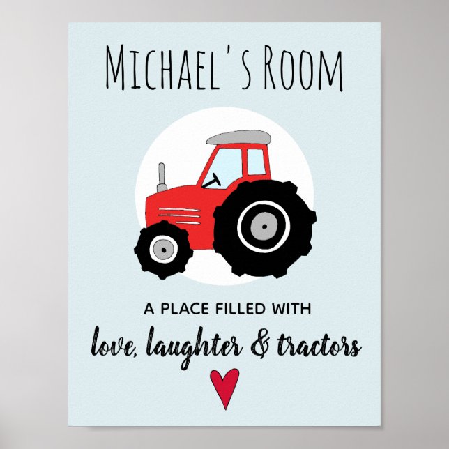 Baby Boy Doodle Red Farm Tractor and Name Nursery Poster (Front)