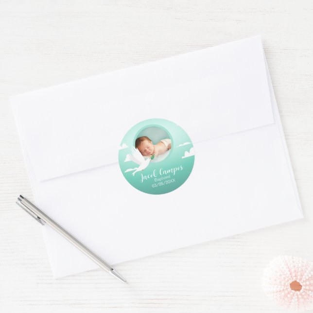 Baby Boy Dove Baptism Announcement Blue Teal Classic Round Sticker (Envelope)