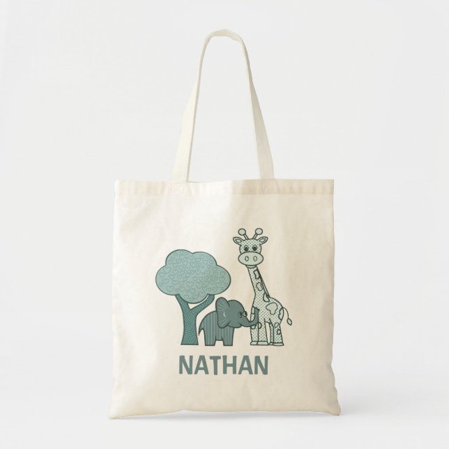 Baby Boy Elephant and Giraffe Personalised Tote Bag (Front)